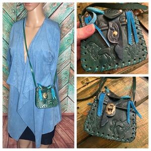 Vintage Made In Mexico Turquoise Leather Mini Saddle Stamped Crossbody Bag